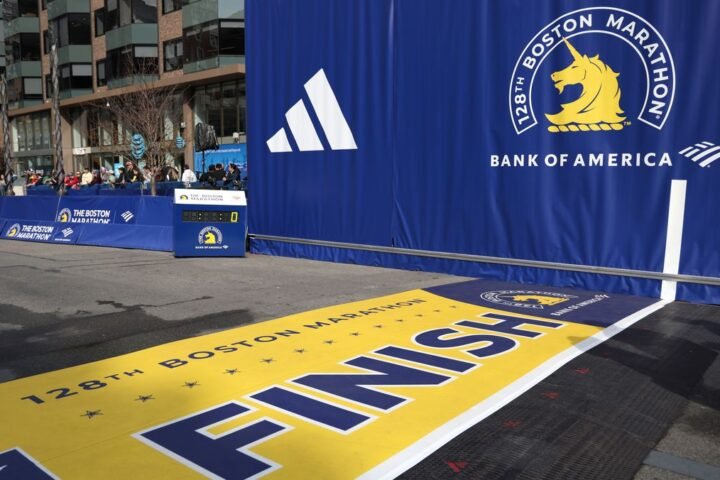 The finish line before the start of the 2024 Boston Marathon