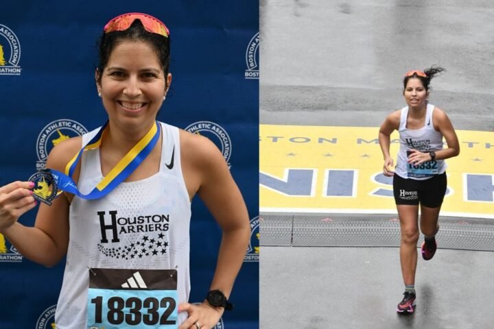 Two images side by side of Emilia Benton holding her Boston Marathon finisher’s medal and Emilia Benton crossing the Boston Marathon finish line